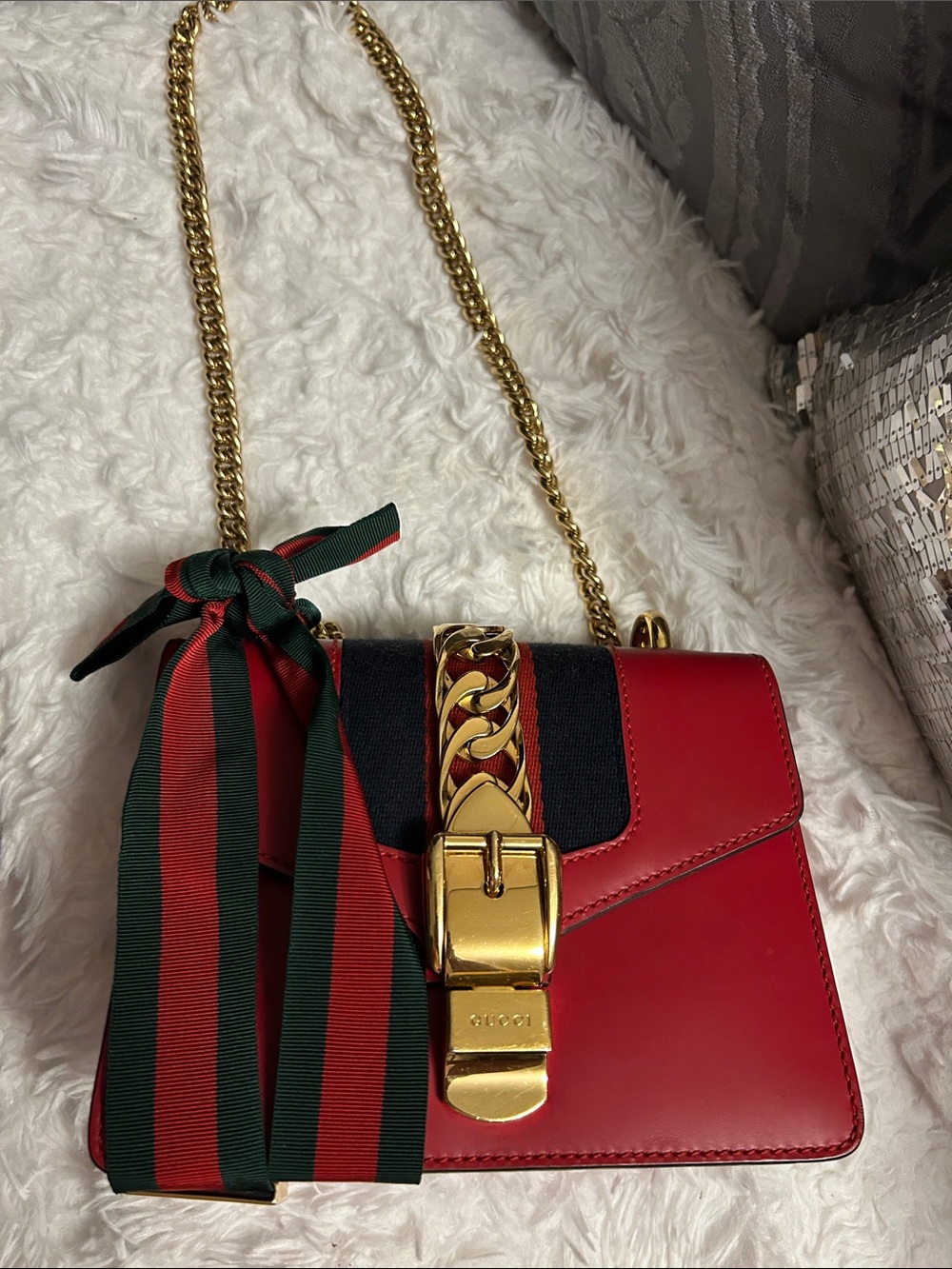 Gucci Red Leather Crossbody with Green-Red Ribbon and Gold Chain